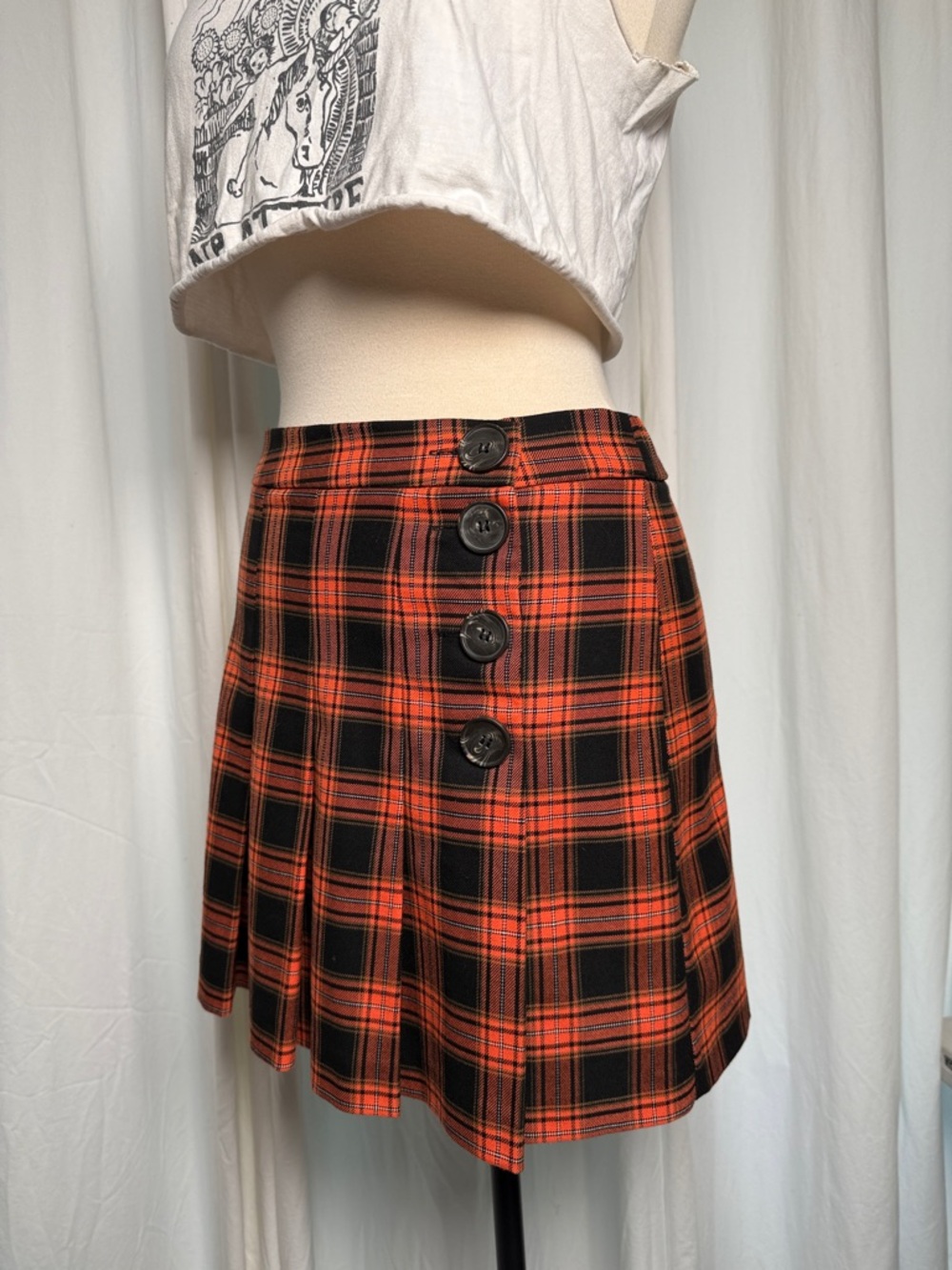 Zara Black and Orange Plaid Button-Detail Skater Skirt